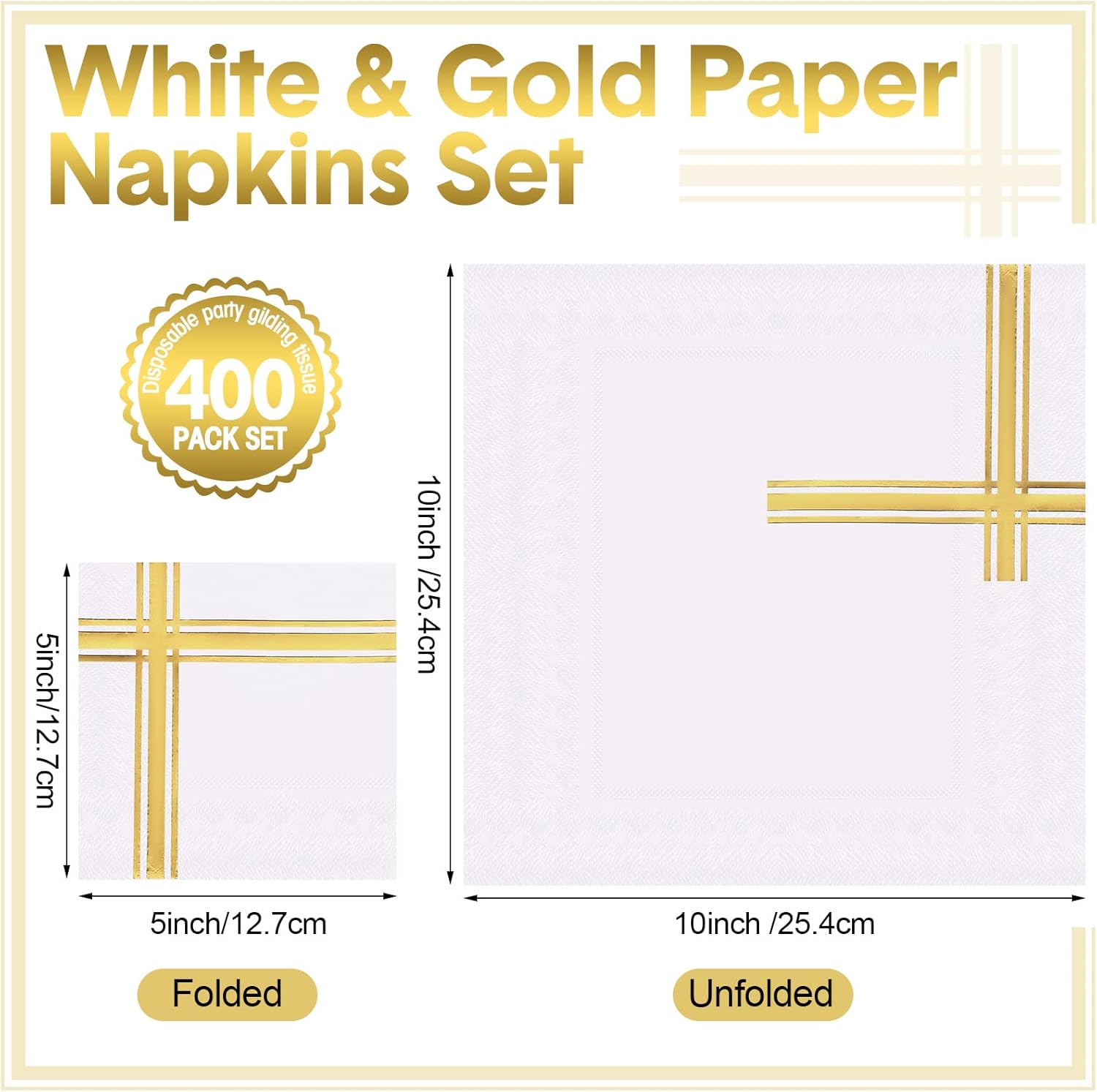 400 Pcs Gold Napkins 3 Ply Cocktail Napkins Folded 5 x 5 Inch Bar Foil Trim Stripe Paper Disposable Beverage Party Decorations for Wedding Baby Shower Birthday Formal Dinner(White and Gold)