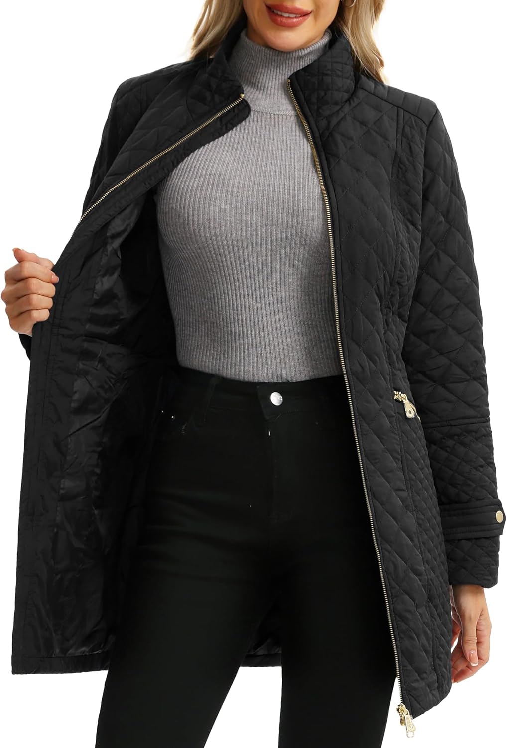 Women's Plus Size Long Quilted Jackets Diamond Quilted Lightweight Jacket Stand Collar for Spring Fall - Image 5