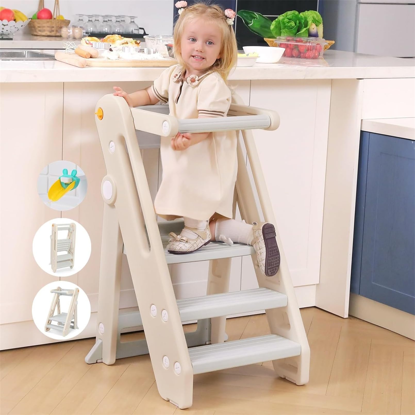 AM ANNA Toddler Tower, Toddler Step Stool Kitchen Stool Helper，Foldable & Adjustable Height Kids Learning Stool for Kitchen Counter Bathroom Sink Child Ladder for Toddlers with Handles, Safty Rail