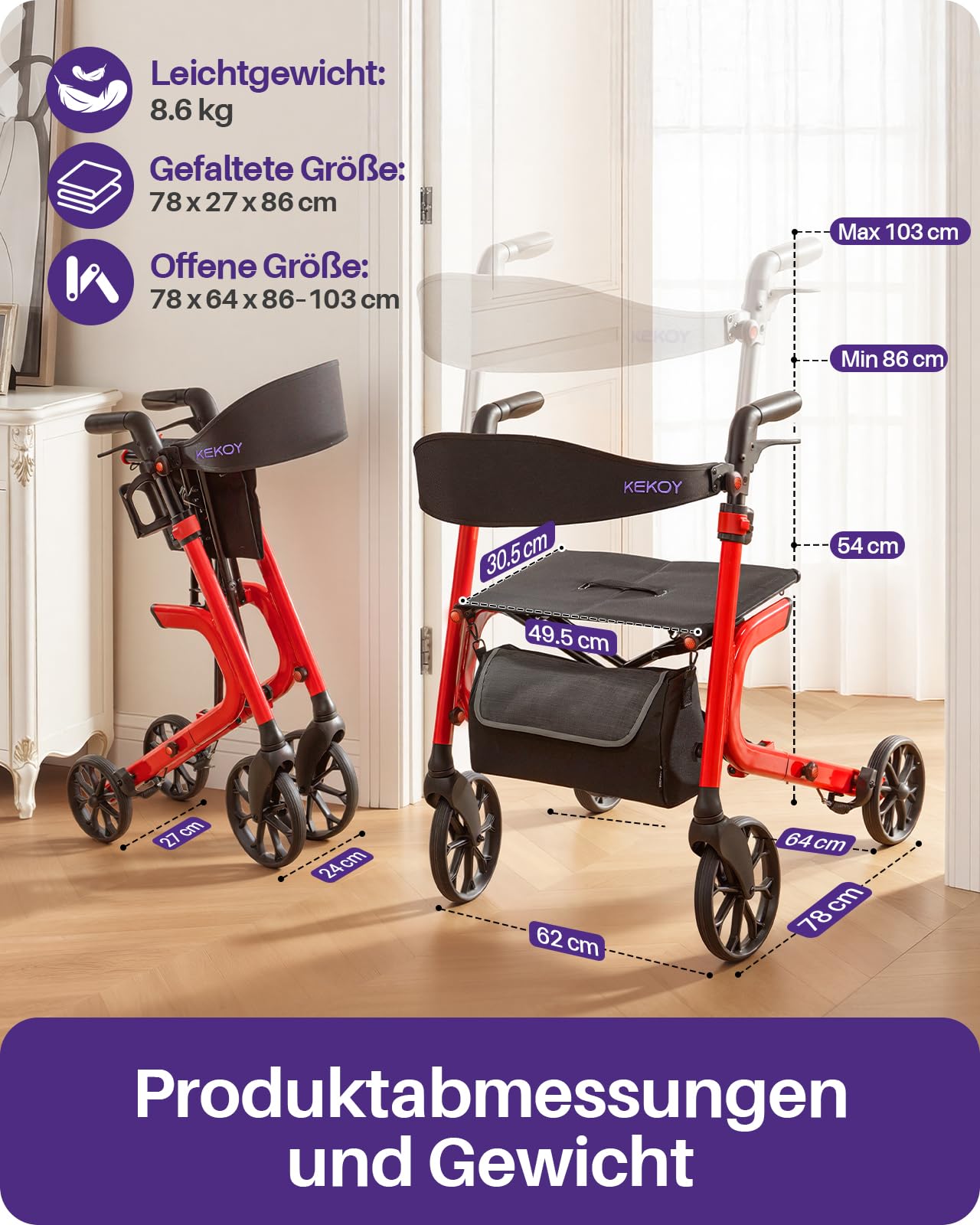 Kekoy Bariatrischer Rollator faltbar mit Sitz für Senioren, 226 kg Traglast | Auf allen Geländen. Aluminium höhenverstellbarer Outdoor Rollator mit 50 cm Sitzkissen, Lehne, Stauraum & Becherhalter, Rot
