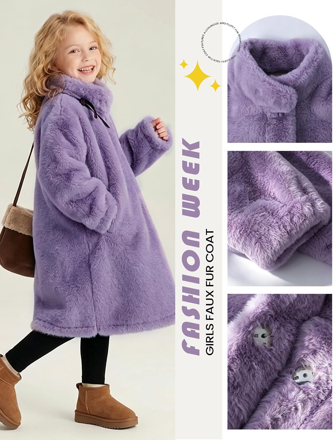 Girls Faux Fur Coat Winter Fleece Fluffy Jacket Stand Collar Casual Coats