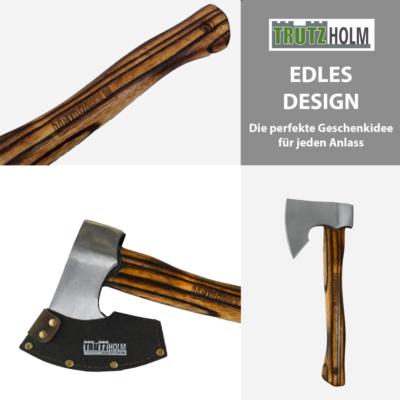 TRUTZHOLM Axt/Beil Vintage aus C45 Stahl Griff aus Hickoryholz geflammt Freizeitbeil zum Spalten von Holz, Entasten von Bäumen mit Klingenschutz aus Leder (Beil 320 mm)