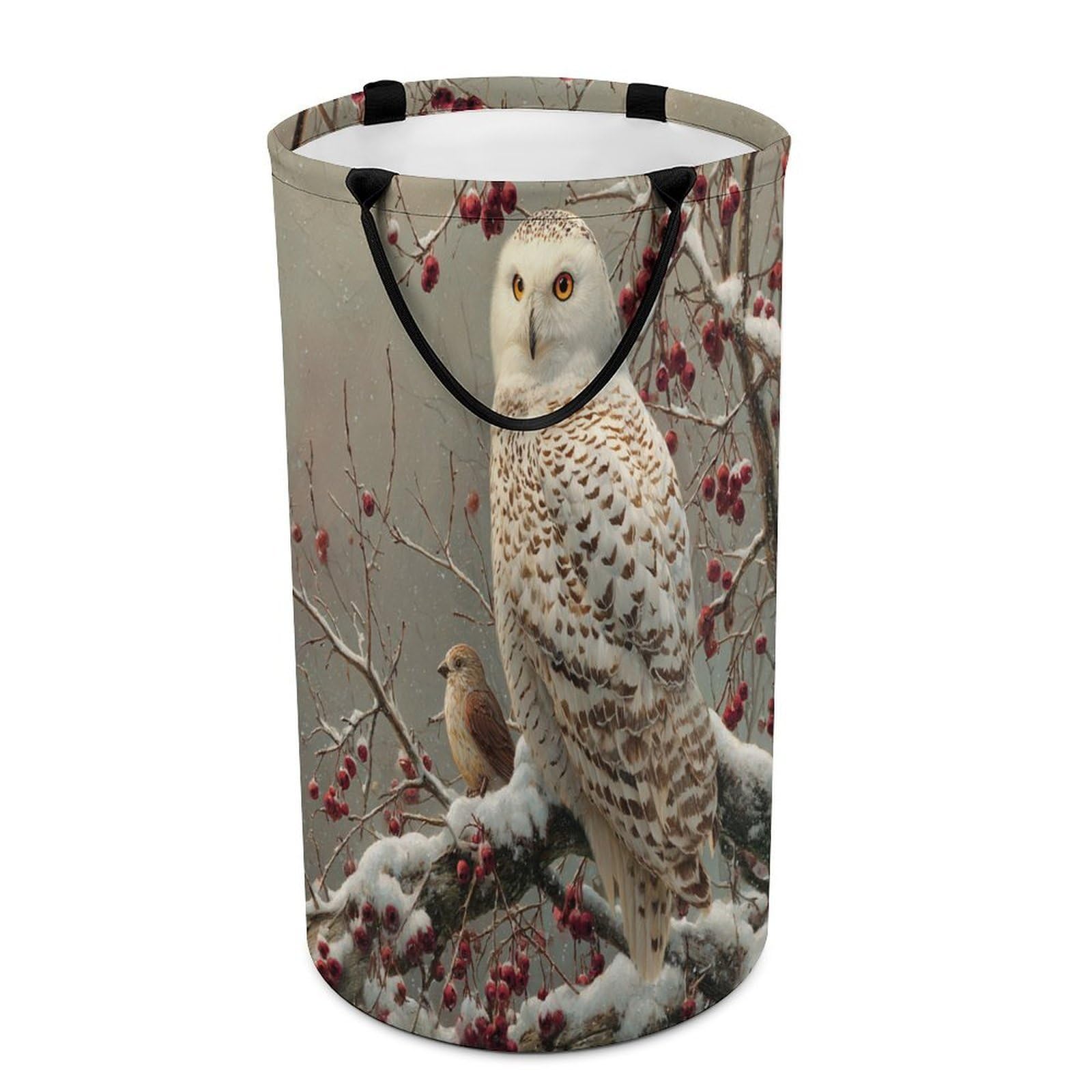 LUYYSKY Beautiful Abstract Winter Owl Collapsible Dirty Clothes Basket, Mid Century Realistic Snowy Forest Landscape Animal Owl Portable Clothes Storage Basket