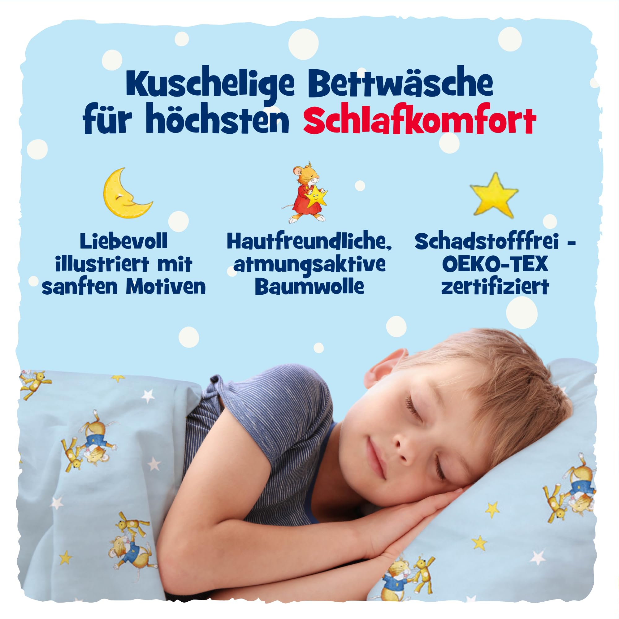 Leo Lausemaus Kleinkinder Bettwäsche-Set: 100 x 135 cm & Kissen 40 x 60 cm | 100% Baumwolle: Blaue Kinderbettwäsche für Jungen und Mädchen -Motive zum Einkuscheln