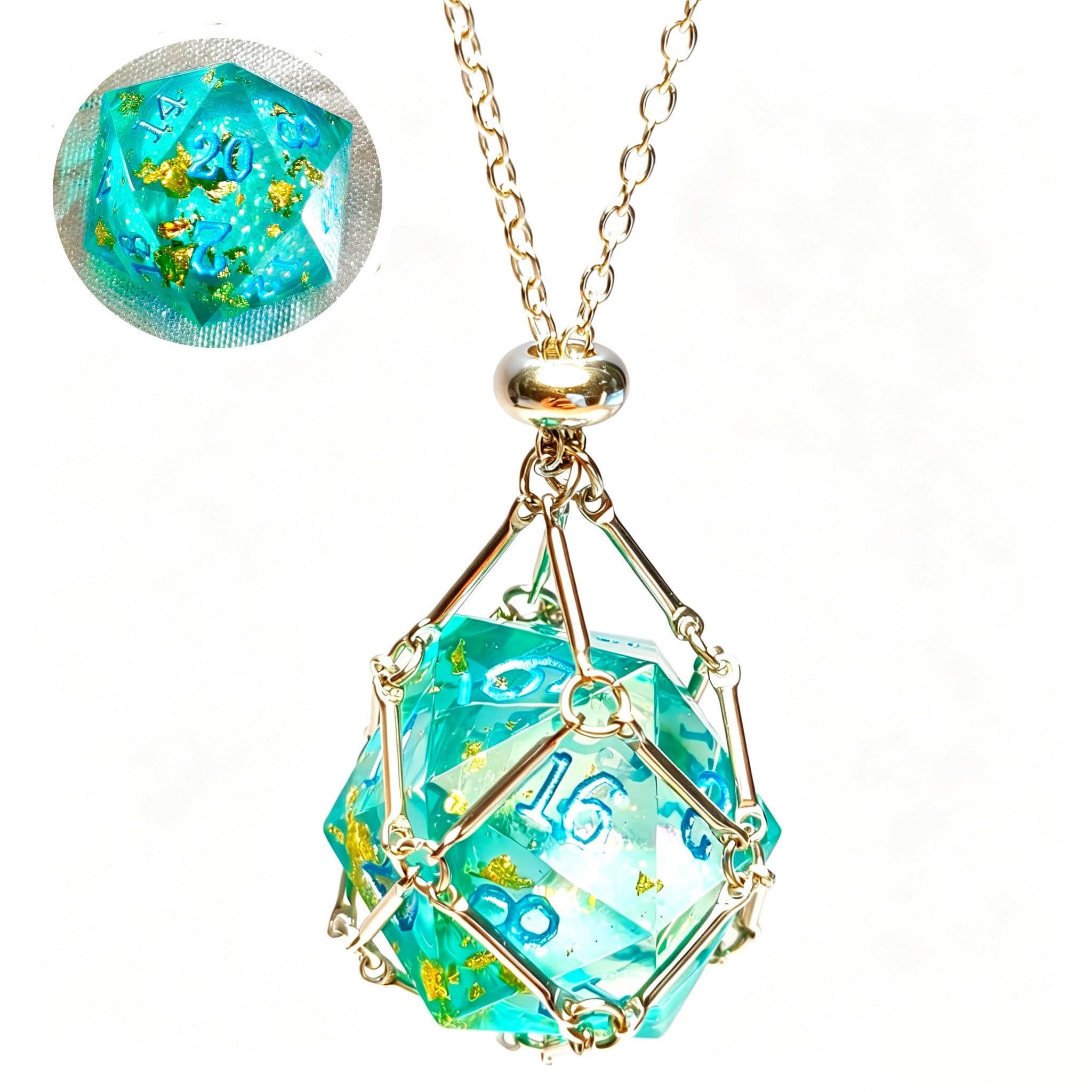 DND D20 Liquid Core Dice Necklace - Interchangeable Stainless Steel Cage for d&d Dice，Dice Pendant DND Gift for Dungeon Master, D&D Player and RPG Gamer (Green)
