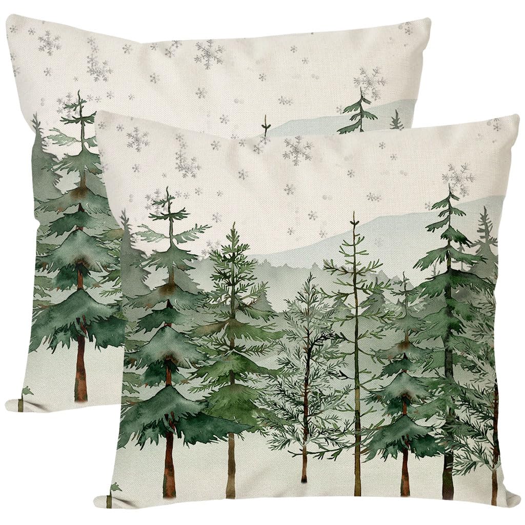 PANDICORN Christmas Pillow Covers 18x18 Inch Set of 2 Christmas Tree Decorative Throw Pillow Cases Natural Forest Green Winter Holiday Xmas