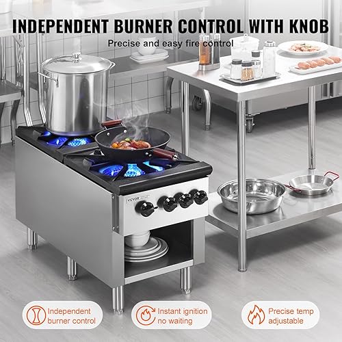 Miniatura 4 de VEVOR Estufa de gas comercial con 2 quemadores, estufa de cocina de propano y gas natural, placa caliente de gas de acero inoxidable, equipo de