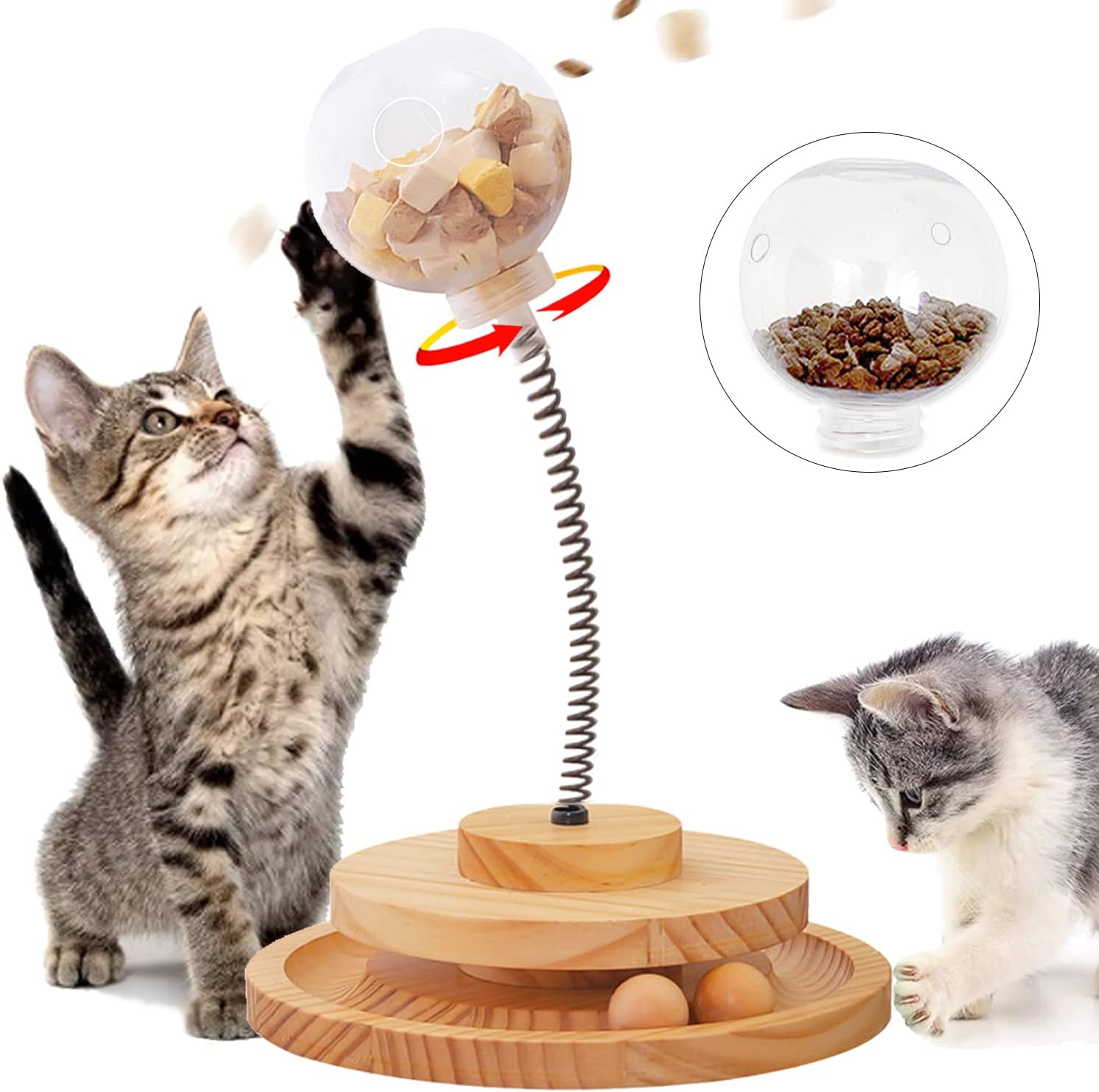 takemay Interactive Cat Treat Dispenser Toy, Wooden Circle Track Ball Turntable with Replaceable 2 Sizes Feeders, Fun Exercise Training…