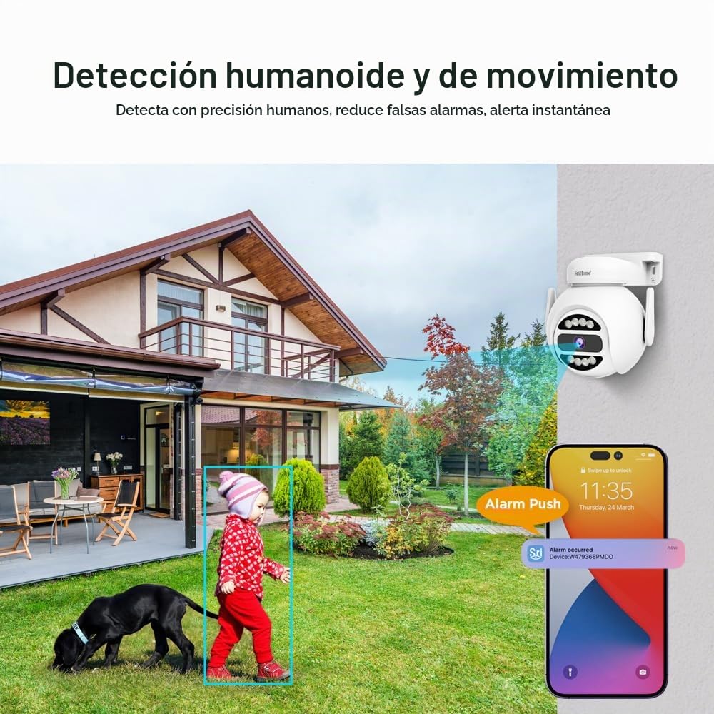 SRIHOME Red WiFi de Doble Banda de 4 MP, cámara de vigilancia PTZ, Seguimiento de Movimiento, visión Nocturna, IP66 Impermeable, Audio 2 vías, protección de la Vida privada, Uso Interior/Exterior