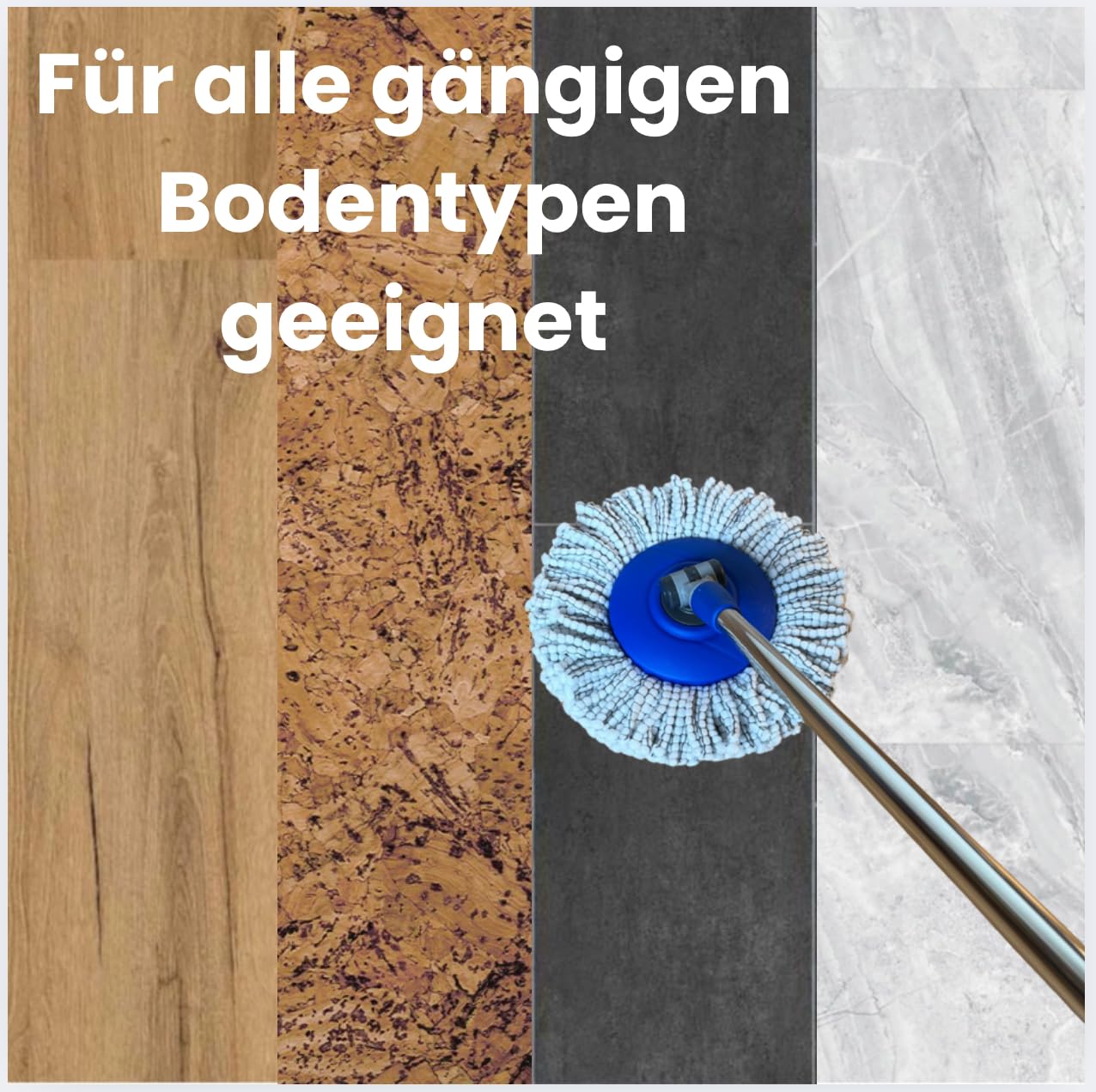 Putzeimer Set – Putzset mit höhenverstellbarem, rotierendem Edelstahl-Stiel (bis 149 cm), 30L Putzeimer & 2 Putzlappen (Ø 30 cm Mop) – Wischmopp Set für Laminat, Fliesen & Parkett (Blau)