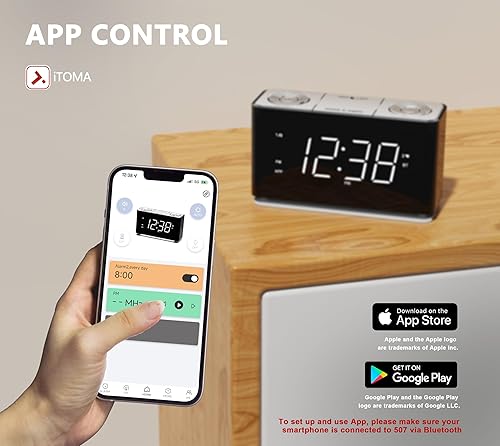 Miniatura 2 de iTOMA Radio reloj Bluetooth, pantalla LED blanca de 1.4 pulgadas, radio FM, alarma doble, puerto de carga USB para teléfono celular, luz nocturna,