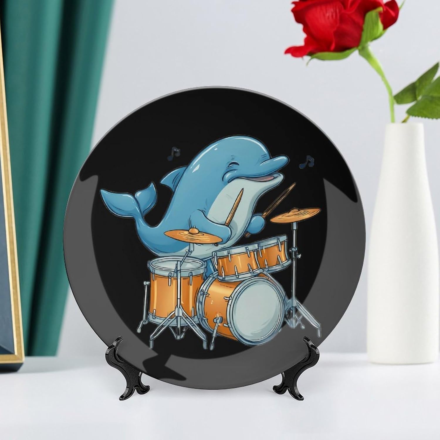 Dolphin Playing Drum Drummer Novelty Decorative Plate with Display Stand Ceramic Ornament Hanging Wall Decor