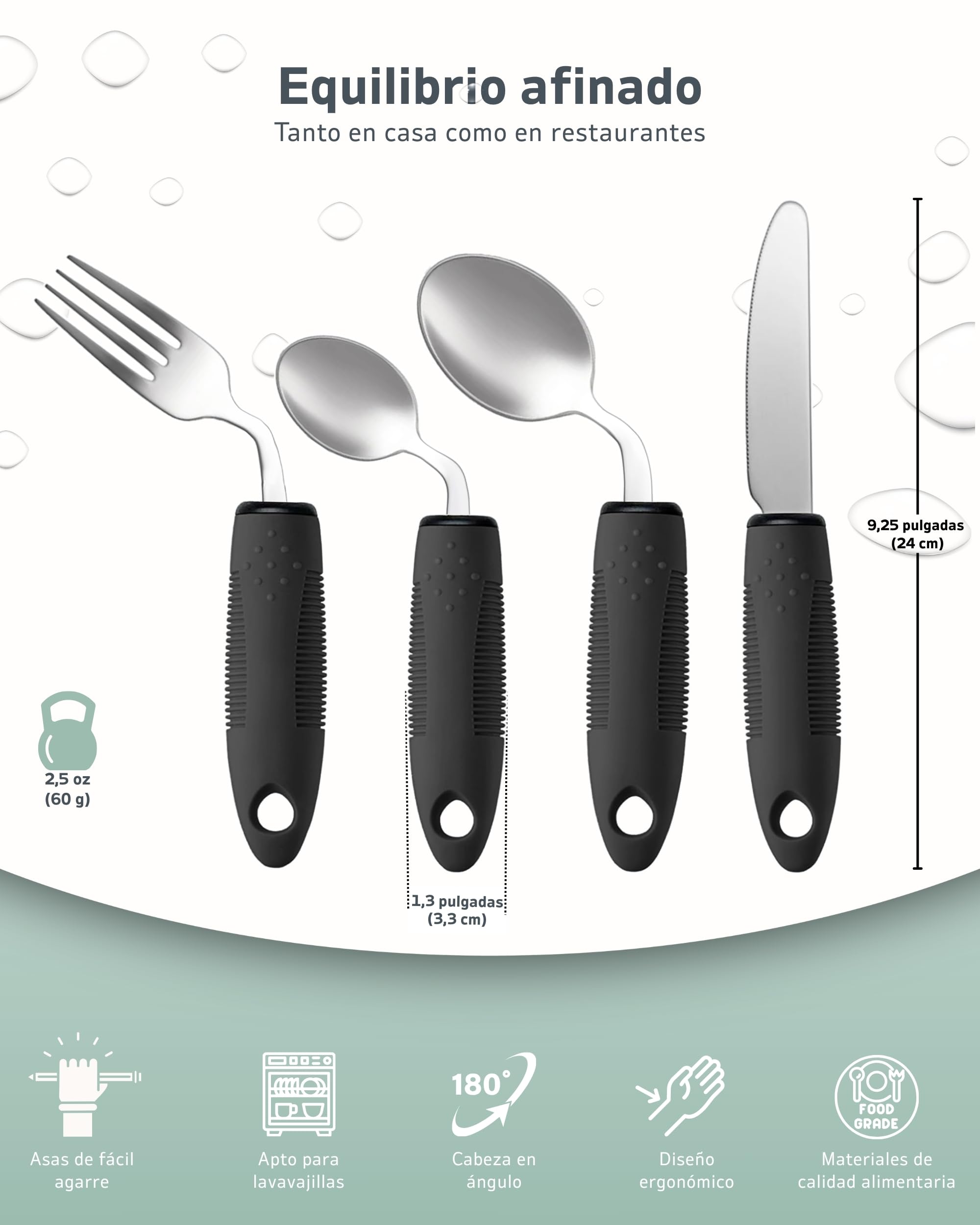 Set de Utensilios Adaptativos (4 Piezas) - Cubiertos Pesados de 3 oz y 42° de Inclinación para Parkinson, Temblores en las Manos y Artritis (Para Diestros)