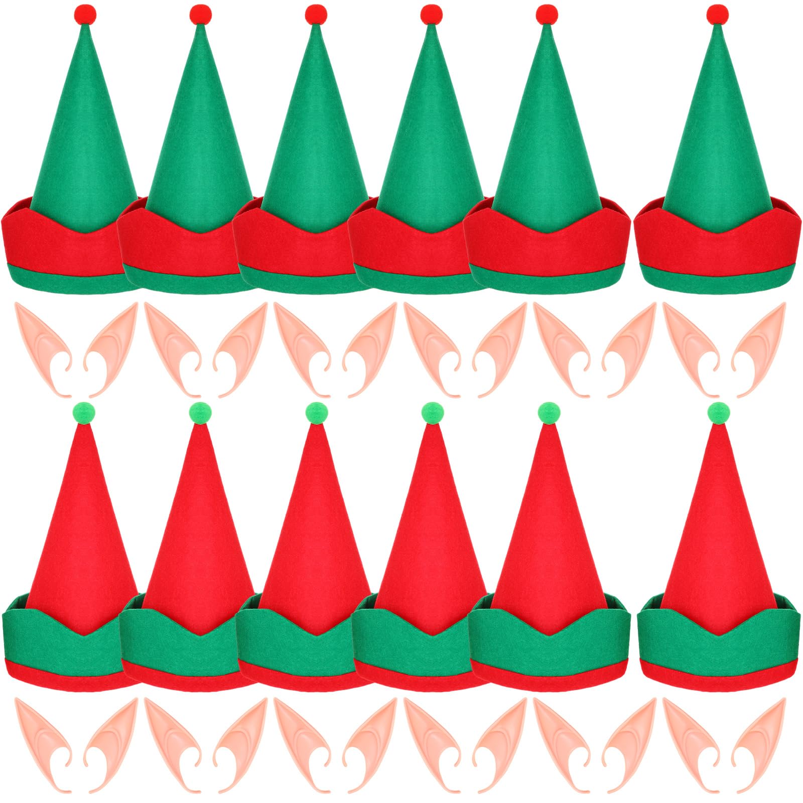 Velmitten 24 Pcs Christmas Elf Felt Hat and Elf Ears Halloween Christmas Costume Accessories Adult Fake Ears Fairy Tale Party
