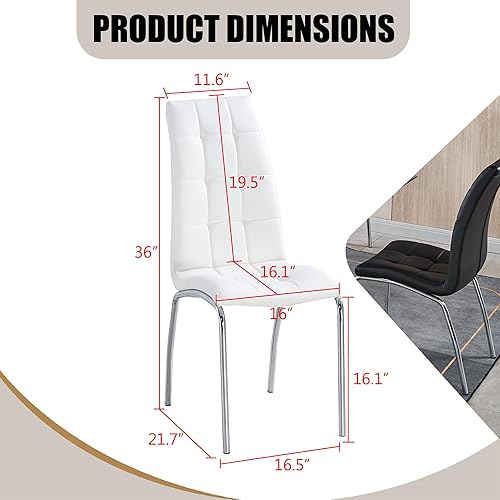 Miniatura 3 de Juego de 4 sillas de comedor de piel sintética, modernas sillas de comedor blancas con patas de metal plateado y respaldo ergonómico, sillas de