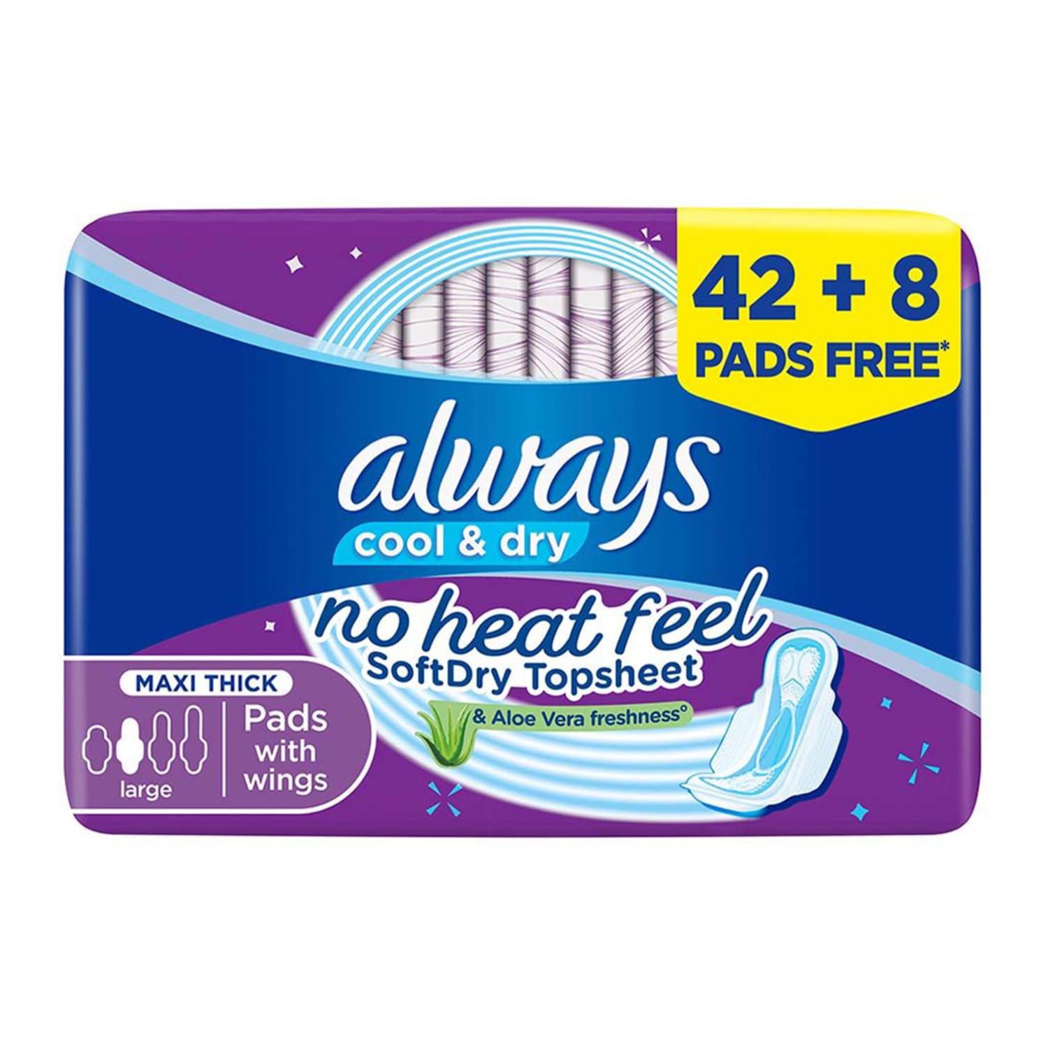 Always Aloe Cool Aloe Vera Essence Zero Irritation Feel Long Maxi Thick Sanitary Pads with Wings, 50 Pcs