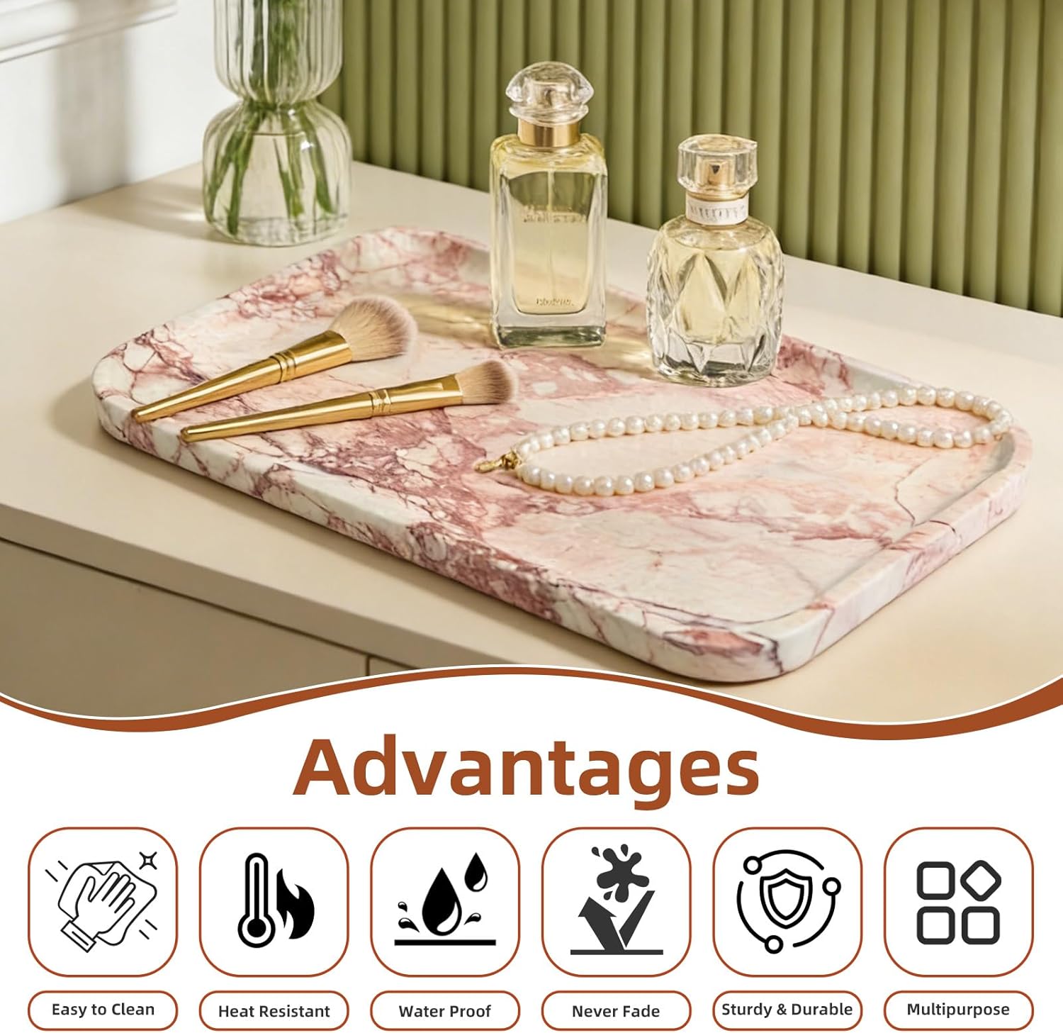 Yew & Tulip 14" x 8.5" Natural Marble Tray for Kitchen, Bathroom, Living Room – Serving/Decorative Vanity Tray for Jewelry, Candles, Decor (Pink)