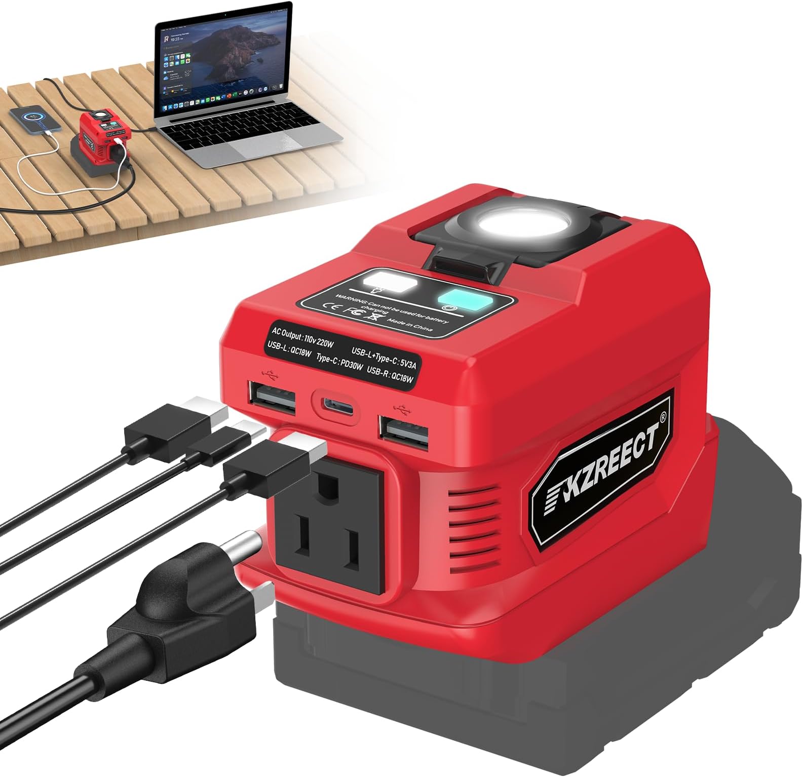 - Kzreect 220W Power Inverter Compatible with Milwaukee 18V Batteries (Battery Not Included), DC to 110V AC Converter with 1 AC Outlet, USB-C, Dual USB-A & 400LM LED – Outdoor, Camping & Emergency Use
