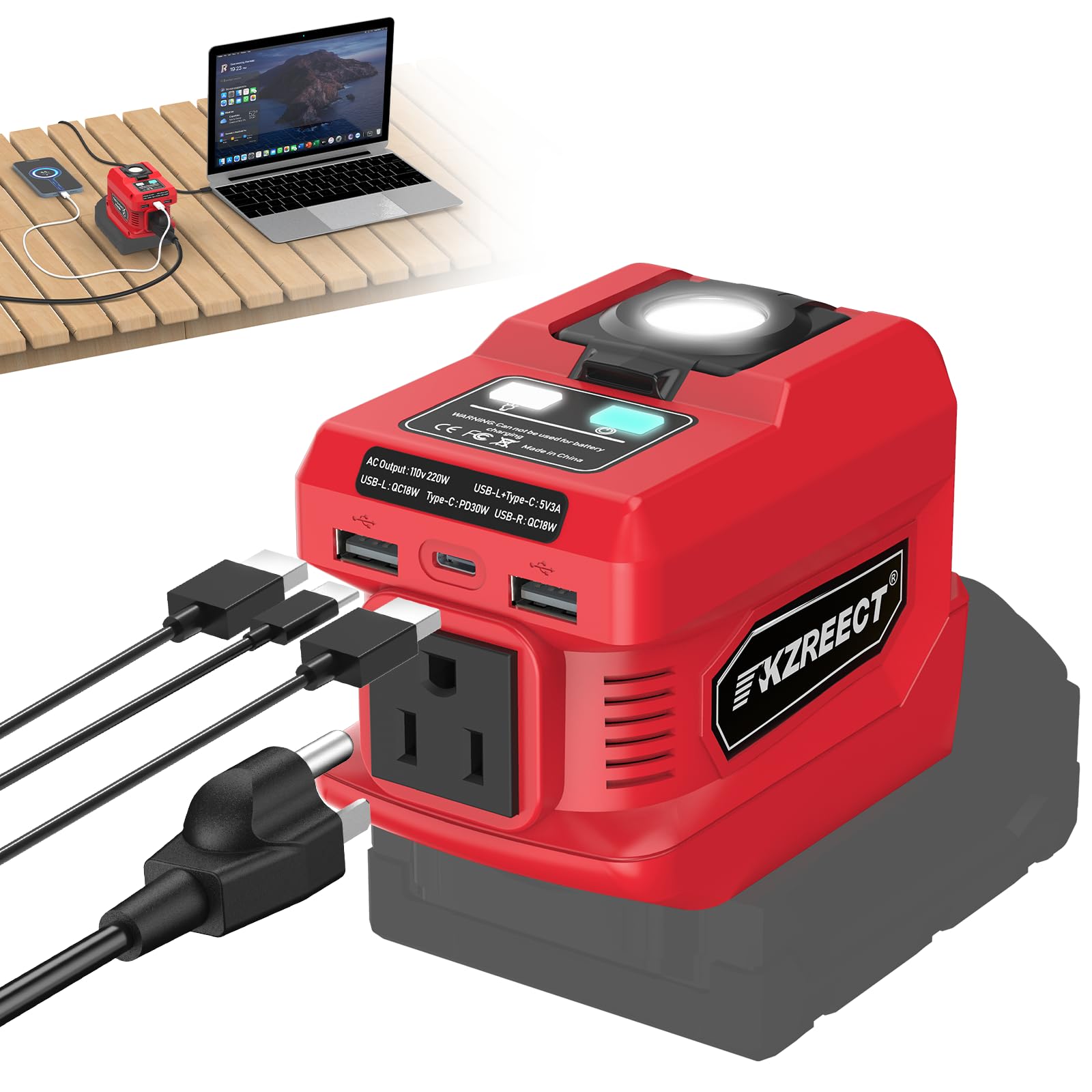 220W Portable Power Inverter (Tool only) Compatible with Milwaukee 18V Battery, Converts DC 18V to AC 110V with AC Outlet, USB-C, 2 USB-A & 400 Lumen LED – Outdoor, Camping & Emergency Use