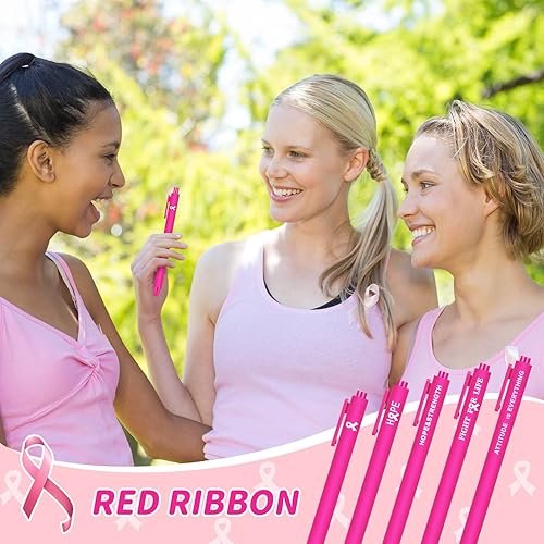 Miniatura 4 de Ireer 100 bolígrafos retráctiles para concientización sobre el cáncer de mama, con cinta rosa, con mensajes, para reconocimiento de caridad, eventos
