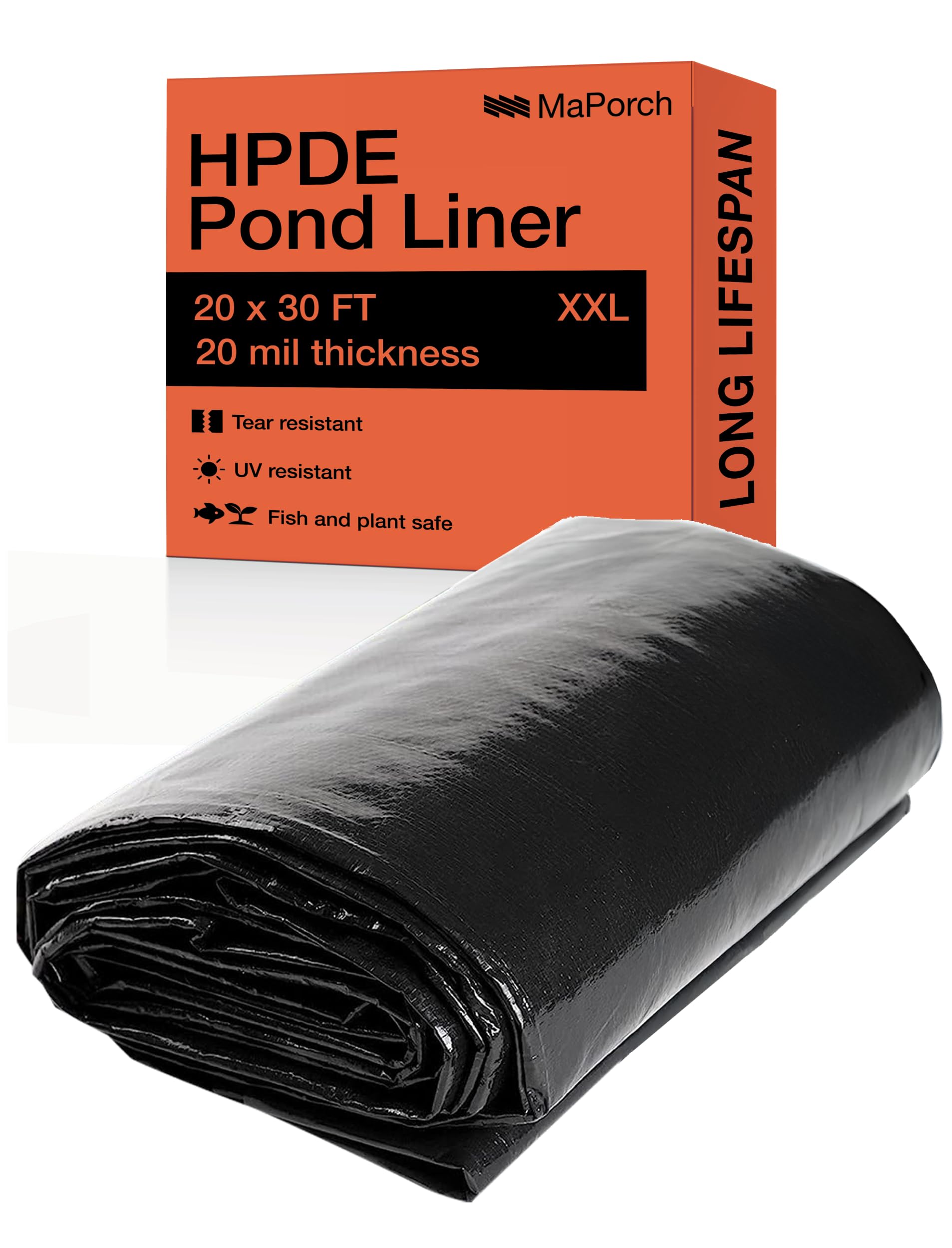 MaPorch HDPE Pond Liner - 20 ft x 30 ft, 20 Mil, Black - Tear-Resistant & UV-Resistant for Outdoor Waterfall - DIY Setup for Pond Fountain & Pool Liner - Fish & Plant Safe for Water Fountain
