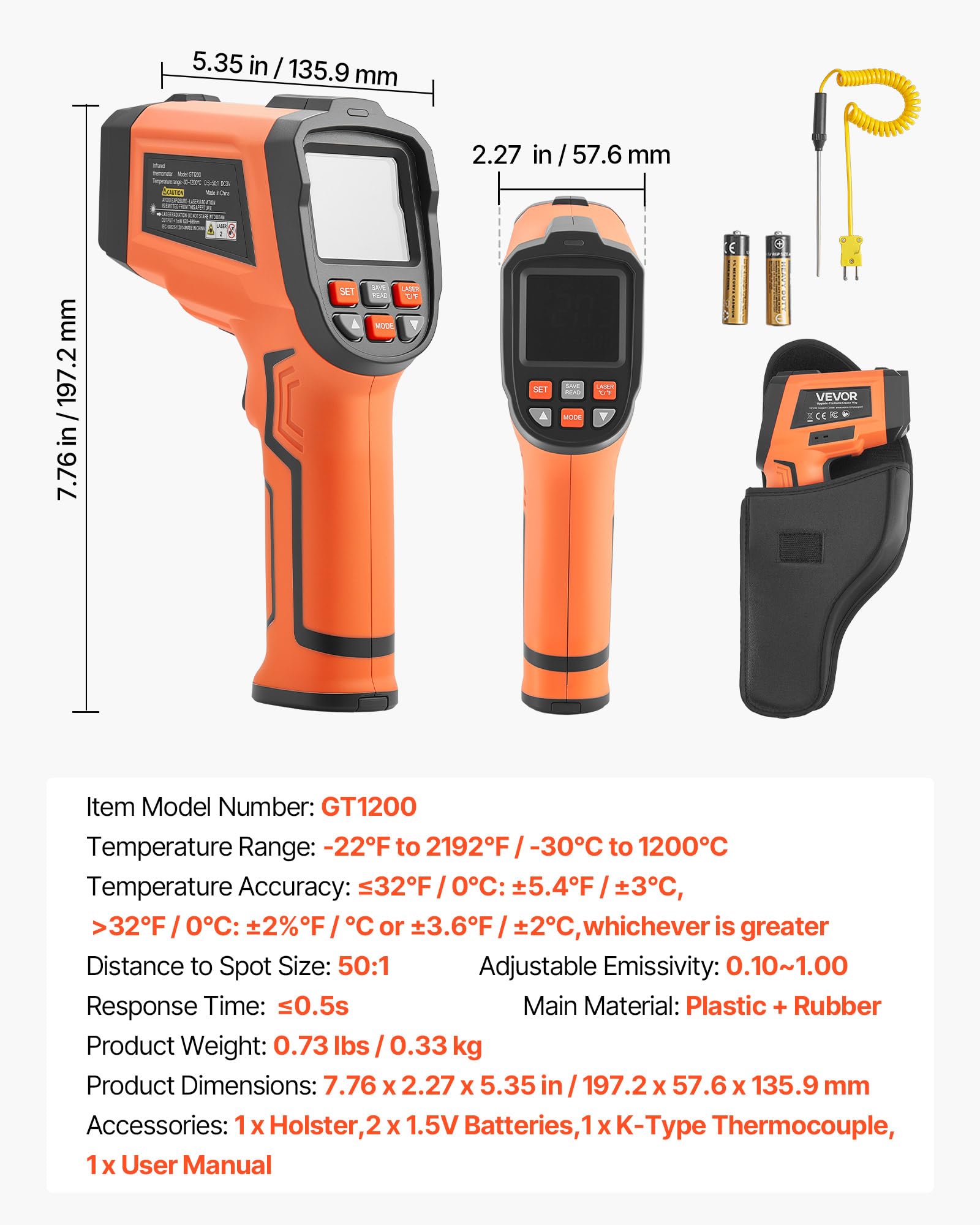 VEVOR Termometro a Infrarossi da -30°C a 1200 °C, Pistola Termica IR Senza Contatto con Doppio Modalità, Termometro Visivo Senza Contatto con Display, Termocoppia Tipo K, Doppio Laser, Uso Industriale