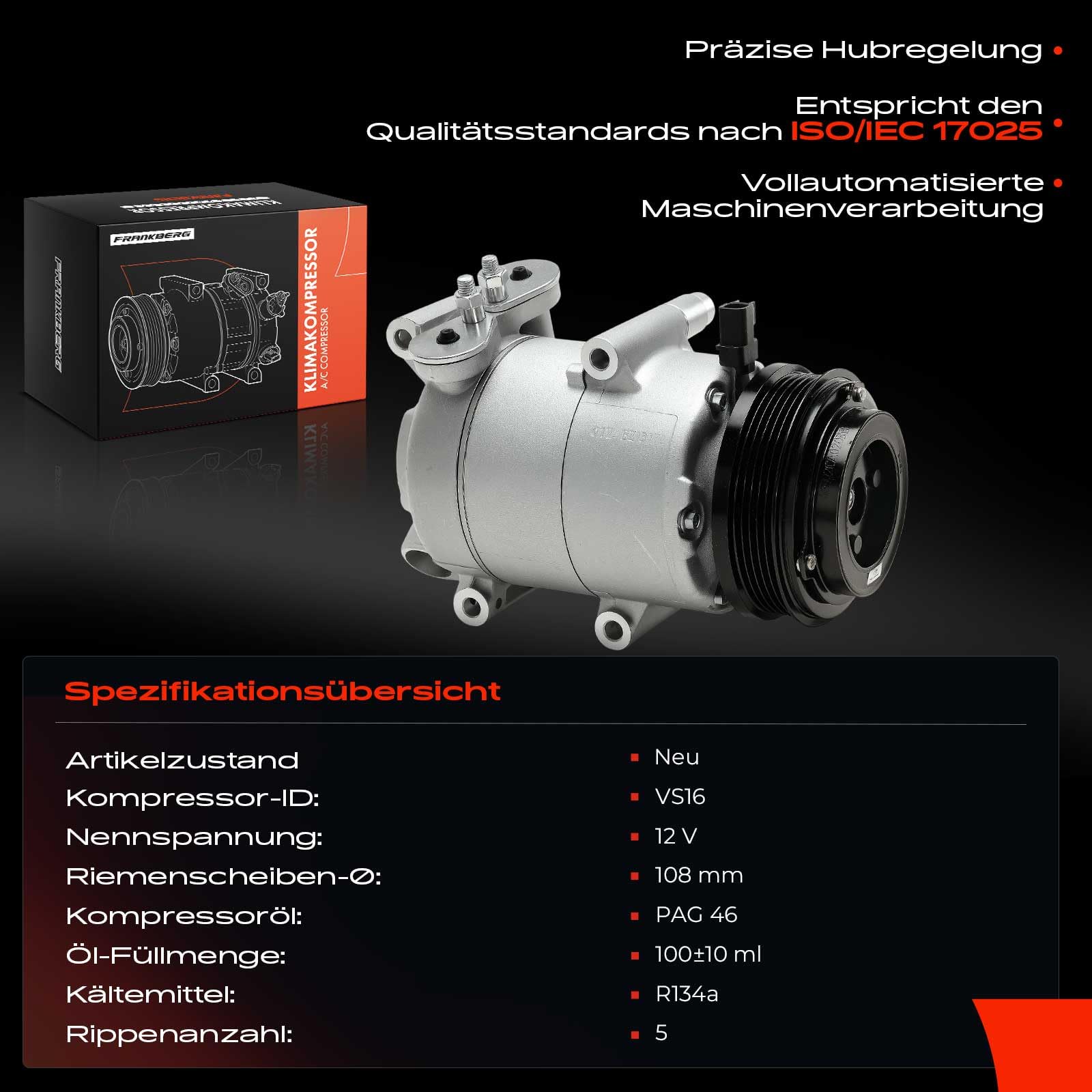 Frankberg Klimaanlagen Kompressor mit Kupplung Benzin Kompatibel mit Focus C-Max DM2 Focus II Focus II DA DP HCP DB DH FCH C-Max DM2 V50 545 C30 533 S40 II 544, inkl. Öl vorbereift