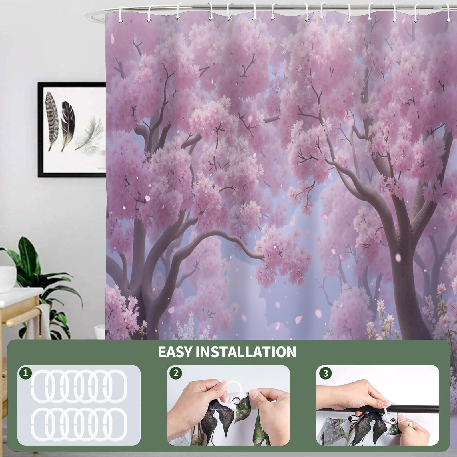 Rideau Douche,Rideau Baignoire Lavable en Machine Rideaux Douche Tissus Lavable Rideau De Baignoire Lavable pour Salle De Bain Domicile Baignoire Famille,Forêt De Cerisiers en Fleurs,