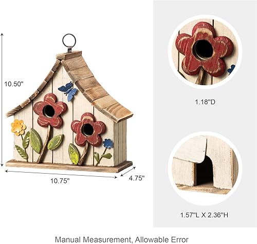 Miniatura 117 de Glitzhome Casas para pájaros para exteriores, casa de pájaros de madera maciza envejecida de gran tamaño de 15 pulgadas de largo con flores 3D