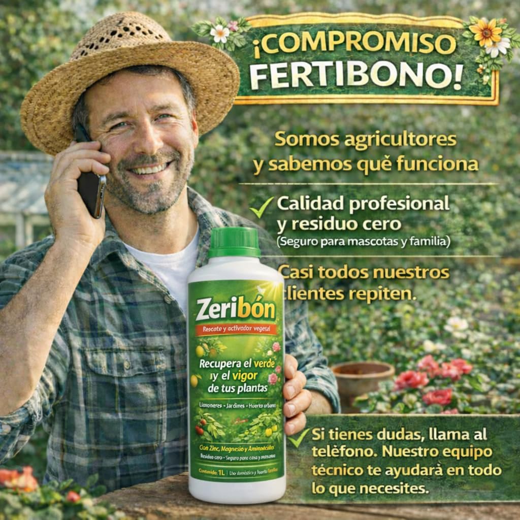Zeribon 1L – Activador nutricional para plantas debilitadas | Recupera color y vigor en limoneros, rosales y huerto | Con Zinc, Magnesio y Aminoácidos | Uso doméstico seguro