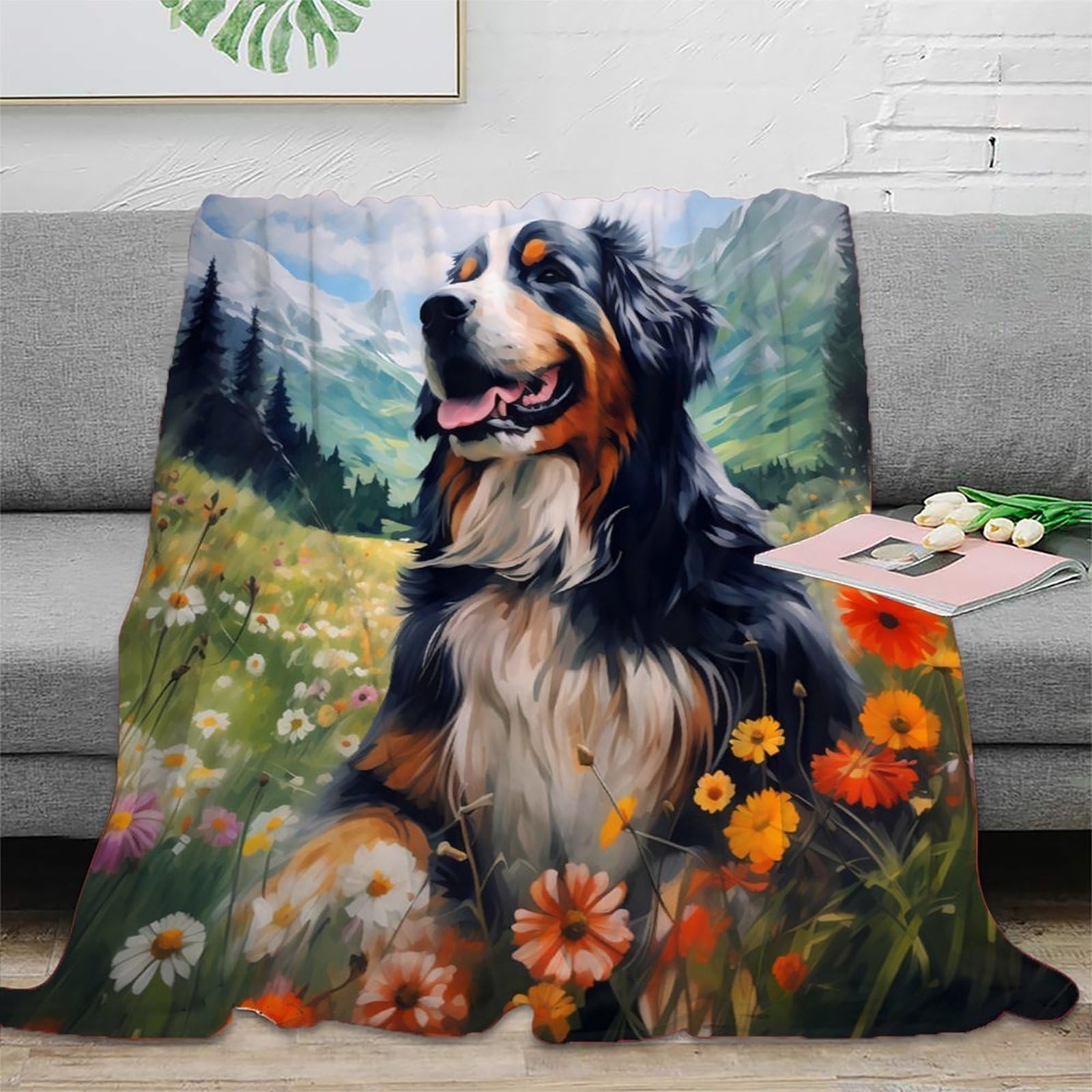 Couverture plaid chien de montagne paysage nature tissu doux microfibre 150x200