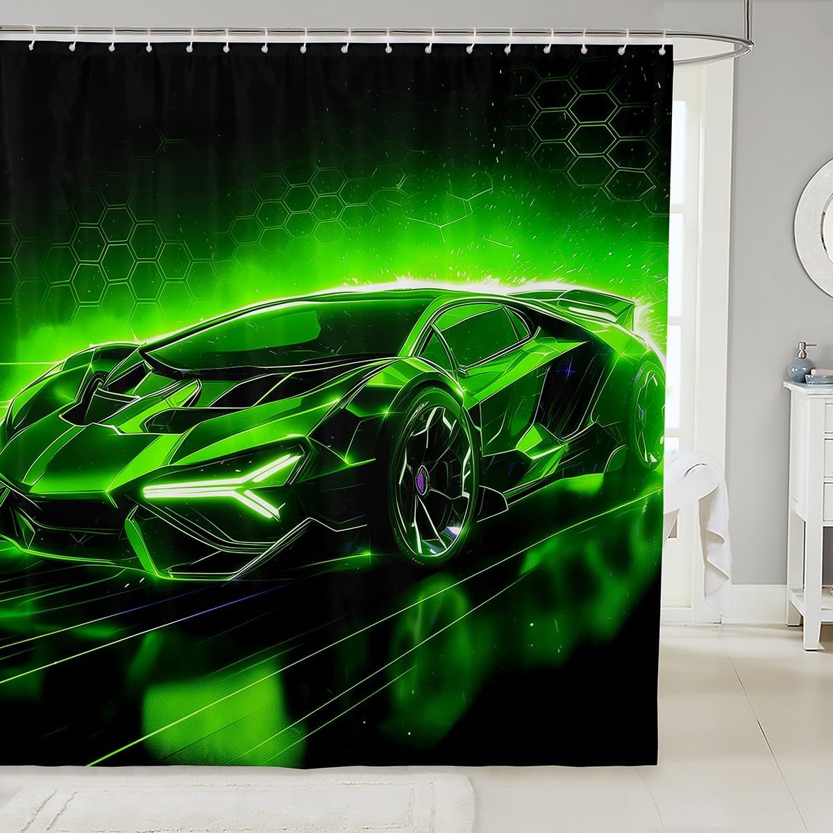 Feelyou Kids Boys Race Car Fabric Shower Curtain Green Sports Car Shower Curtain for Kids Teens Boys Extreme Sports Curtains Speed Luxury Car Bathroom Waterproof Accessories with 12 Hooks 72"x84"