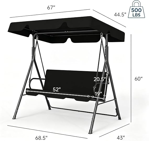 3-Person Patio Swing Chair, Outdoor Porch Swing, Black