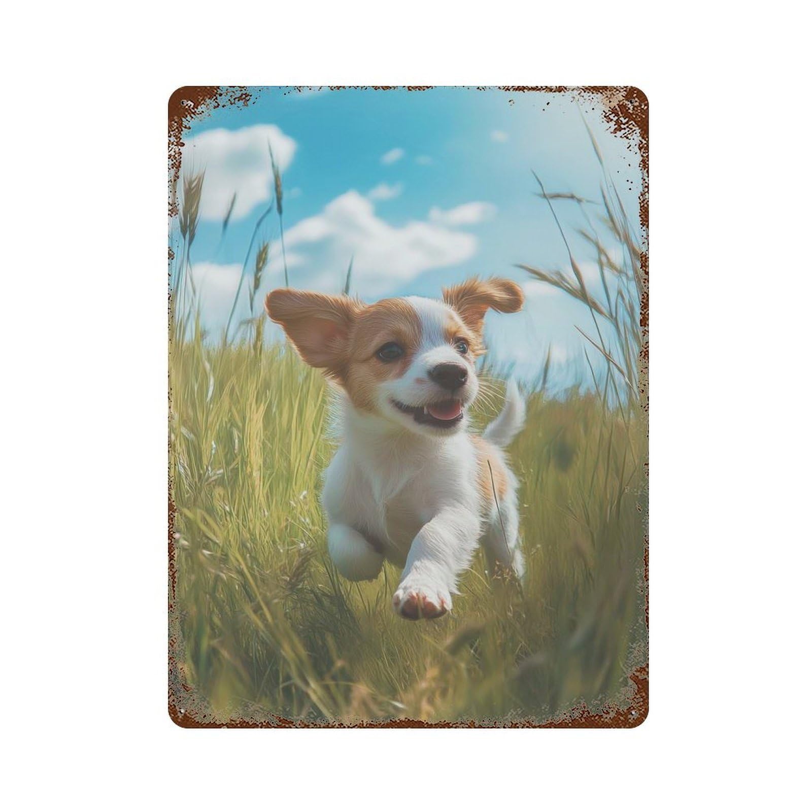 Puppy Running in Grass Distressed Metal Wall Sign 15.7"x11.8", Rustic Home Decor for Farmhouse, Kitchen And Entryway Decor