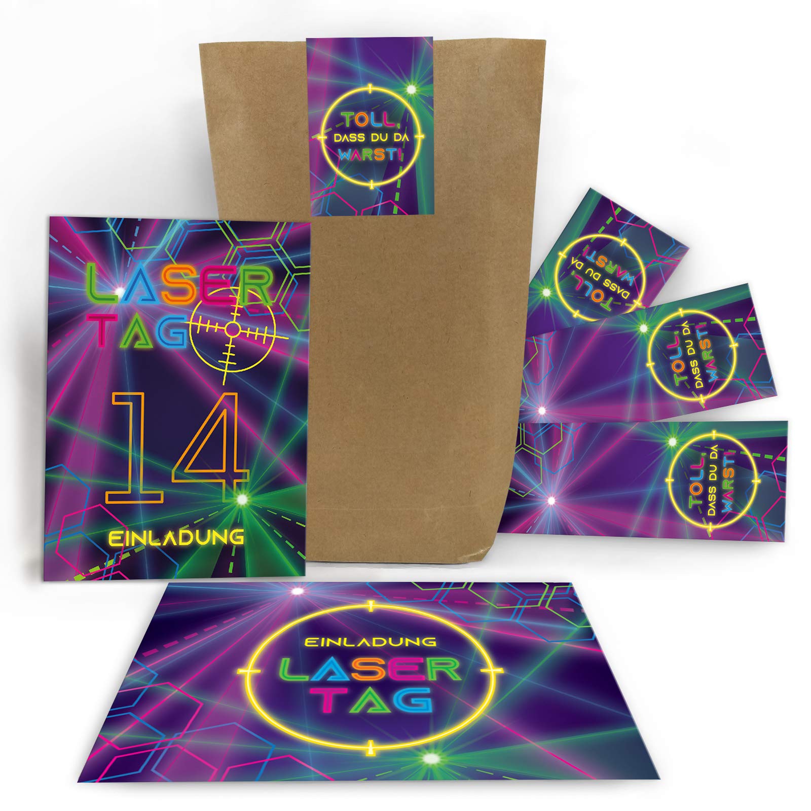 Junaversum 12 Einladungskarten zum 14. Geburtstag vierzehnte Kindergeburtstag Lasertag Party Mädchen Jungen/Laser Tag incl. 12 Umschläge, 12 Tüten, 12 Aufkleber
