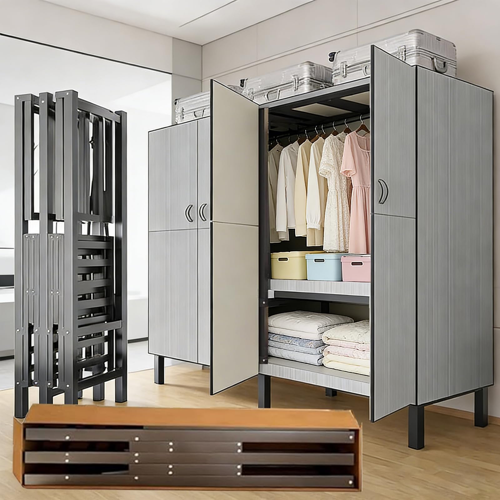 Armario metálico Plegable, sin Necesidad de Montaje, con Cierre magnético de Alta Resistencia, a Prueba de Polvo y Que Ahorra Espacio, Ideal para dormitorios y Apartamentos. (Gris, 150cm)