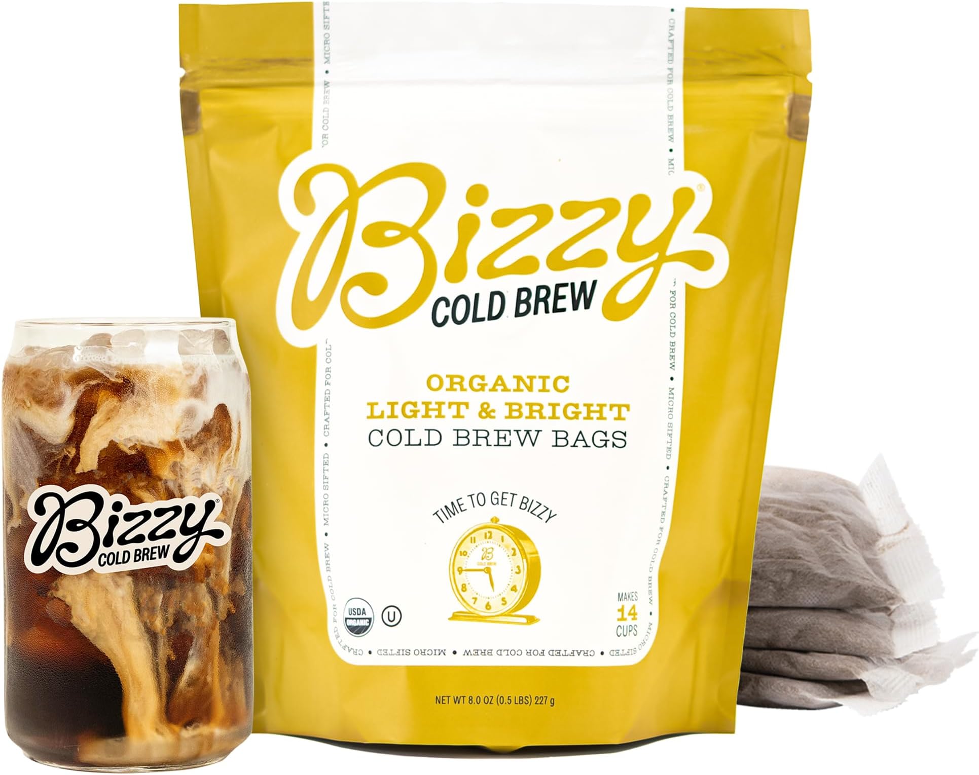 Bizzy Organic Cold Brew Coffee | Light & Bright Blend | Coarse Ground Coffee | Light Roast | Micro Sifted | Specialty Grade | 100% Arabica | Brew Bags | 4 Count | Makes 14 Cups