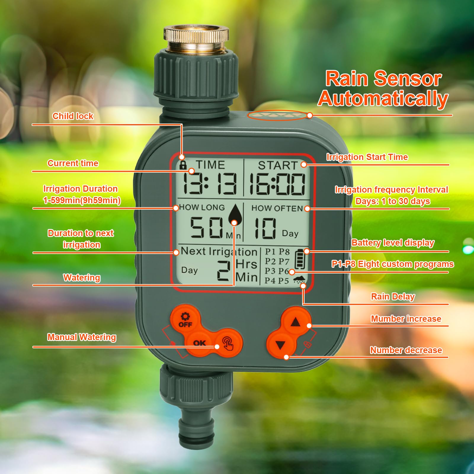 Programmateur Arrosage Automatique Manuel, Retard de Pluie Minuterie d'arrosage, 8 programmes Grand Écran LCD, Verrouillage Enfant, IPX5 Imperméable pour Balcon Jardin Parterre Ferme Extérieur