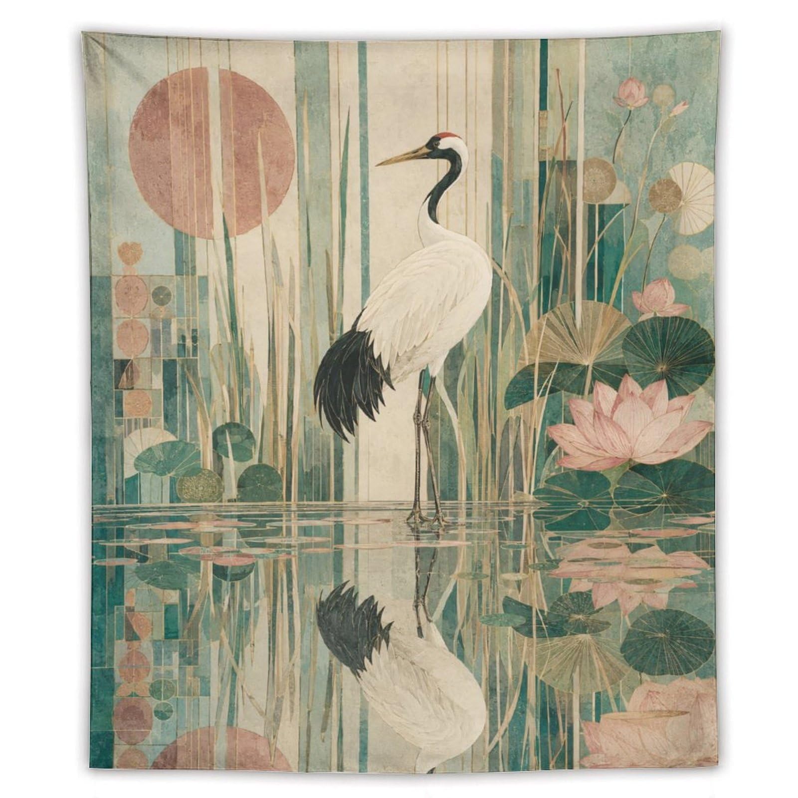 W7C8U2X3 Cranes in Lotus Pond Wall Tapestry, Asian Ink, Reading Corner