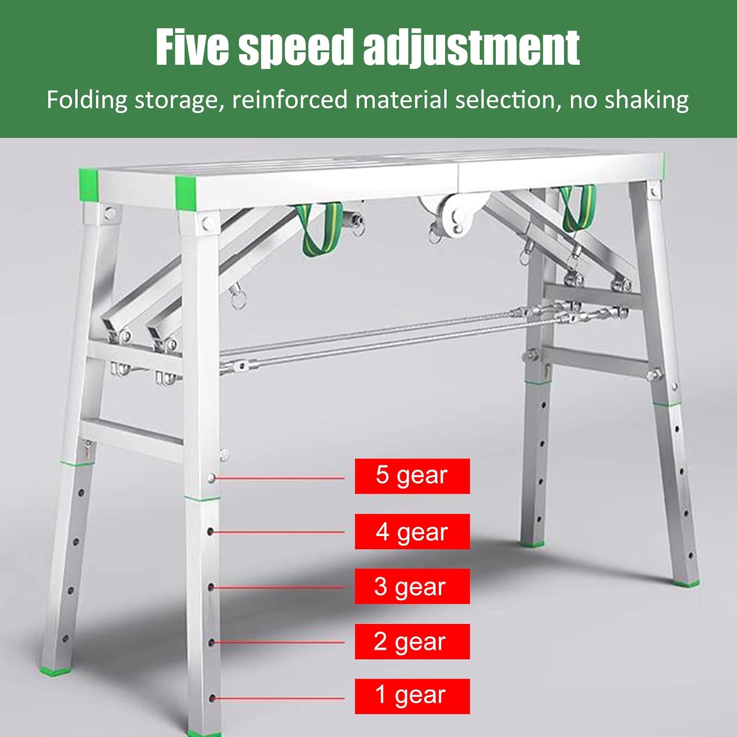 Scaffolding showing five height adjustment levels on its legs.