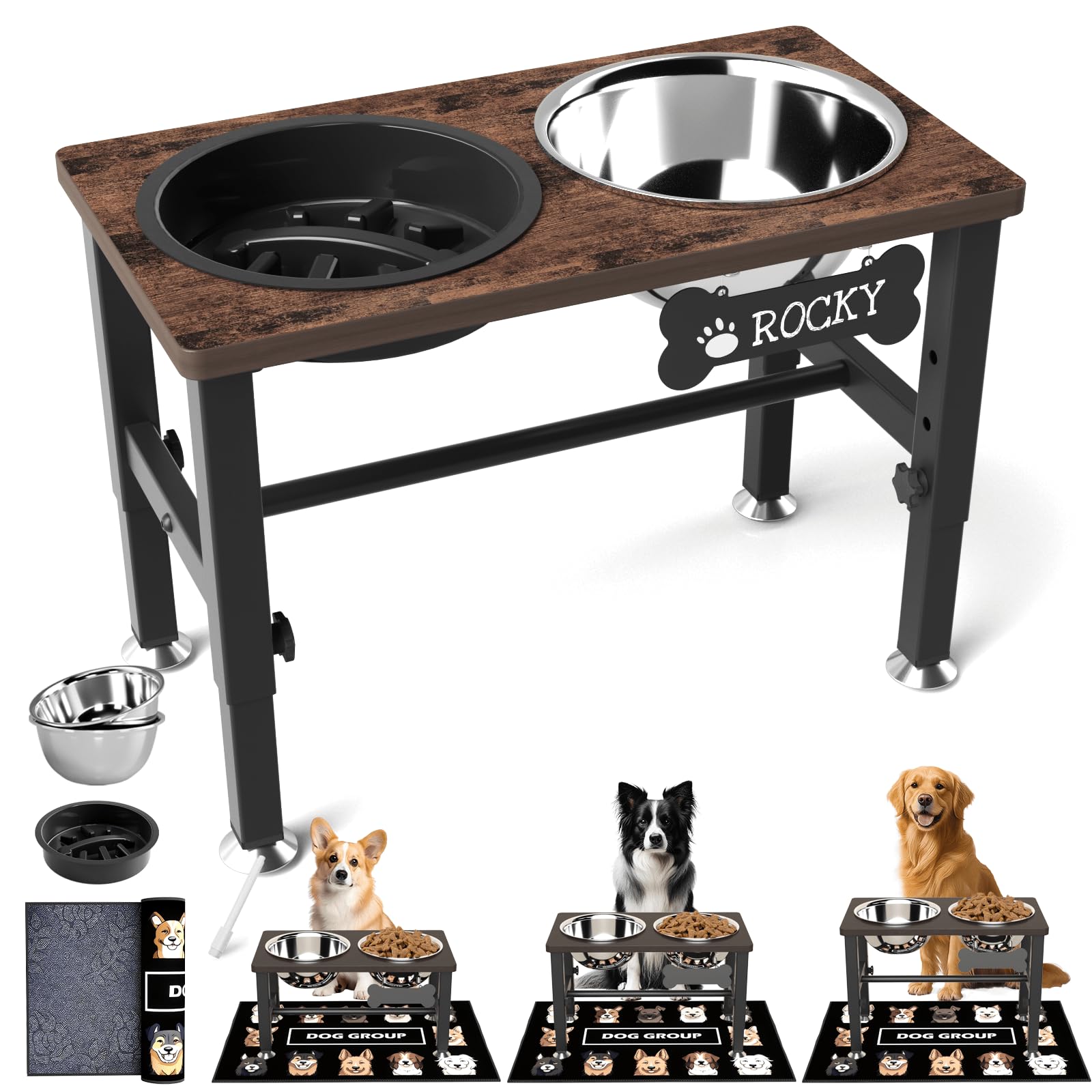 ( similarly)SHAINFUN Elevated Dog Bowls with Slow Feeder & Mat for Medium and Large Dogs, 12" Tall Adjustable Wooden & Metal Raised Dog Bowl Stand, 2 Stainless Steel 58oz Bowls for Food & Water