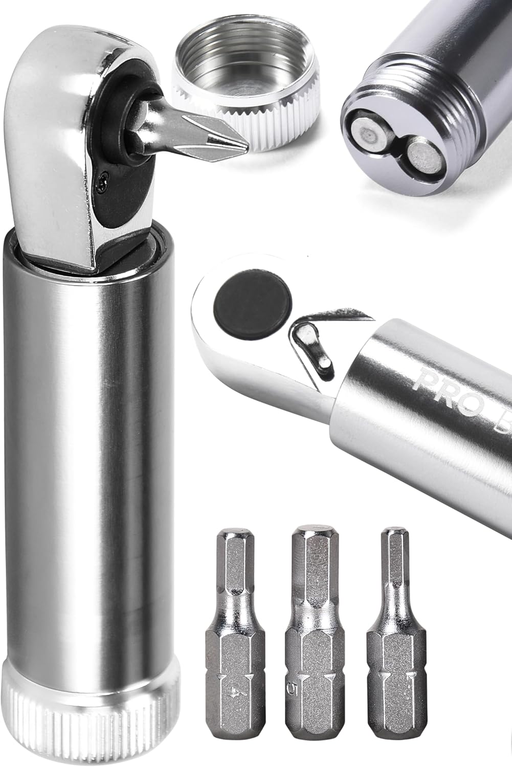 PRO BIKE TOOL Air Ratchet Wrench – Impact Ratchet Wrenches – Ultra Portable Design with Different Bits in Shaft – Durable Construction – Ideal for Mechanics, DIY Enthusiasts – 3.54×0.8 inch, Grey