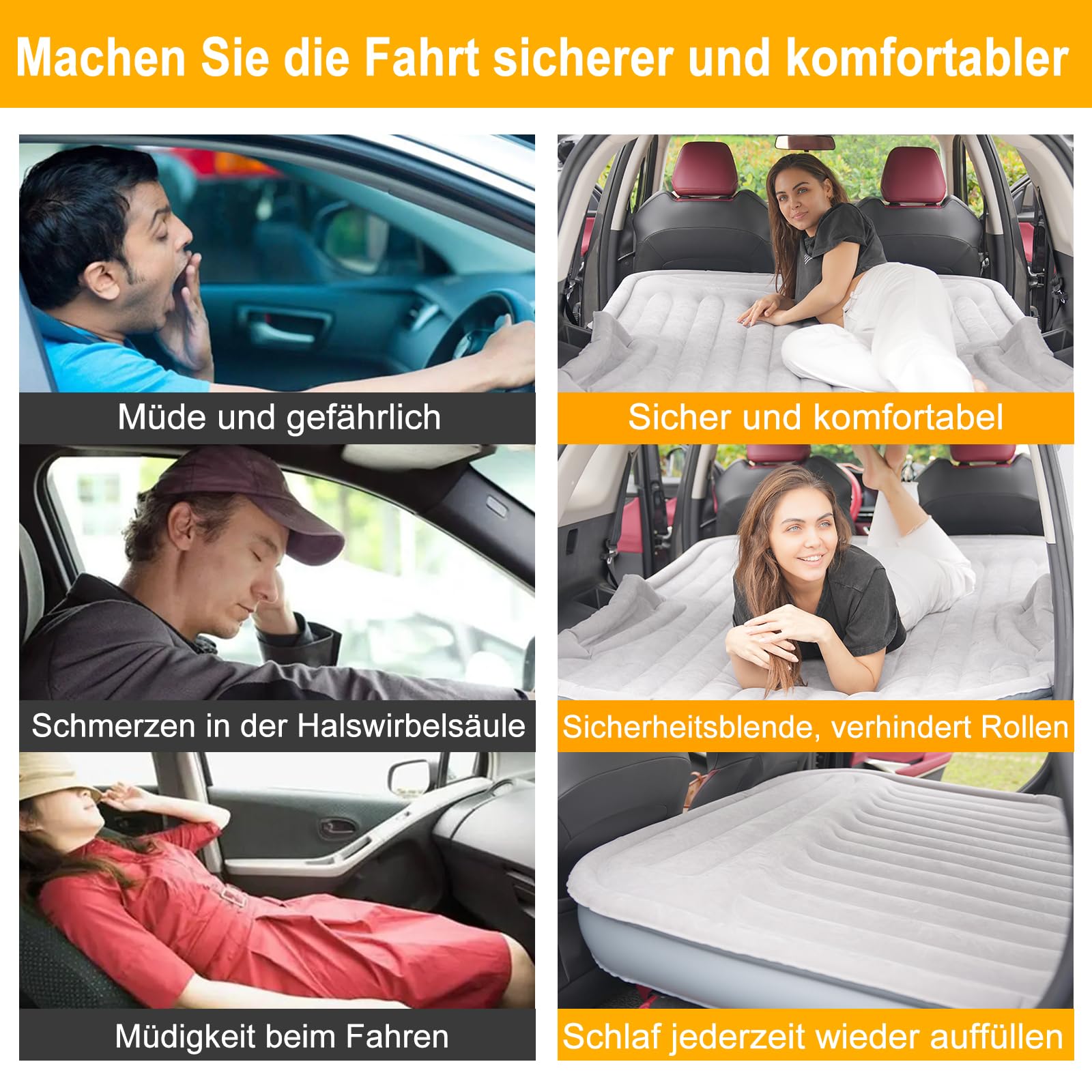 KMZ SUV Luftmatratze mit eingebauter elektrischer Pumpe - Verdickte und geflockte Auto-Bettmatratze für Reisen und Camping - 300 kg Tragfähigkeit - Grau