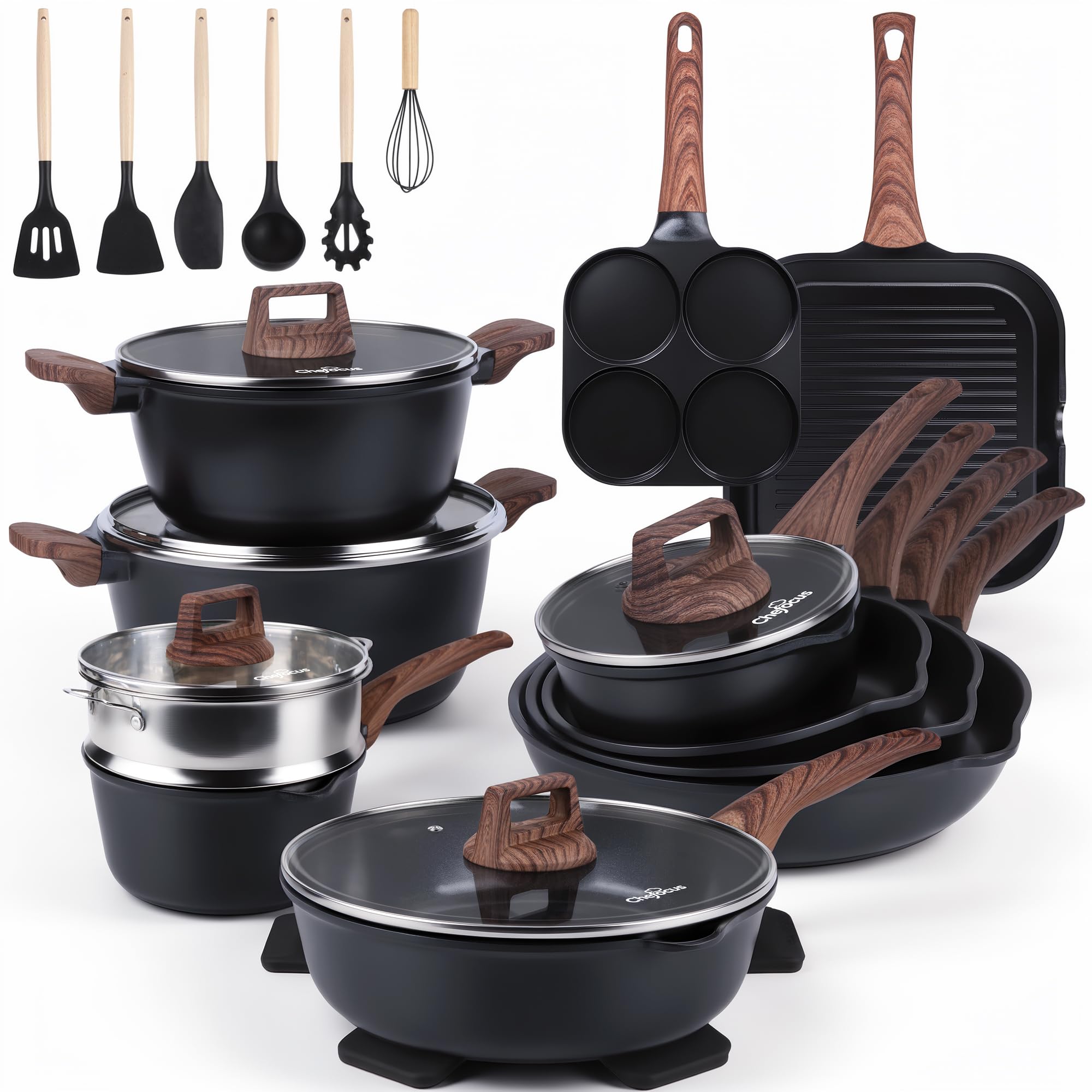 30-Piece Ceramic Pots and Pans Set, Nonstick Cookware Set with Detachable Handle, Stackable Kitchen Set, PFAS-Free, Oven & Dishwasher Safe