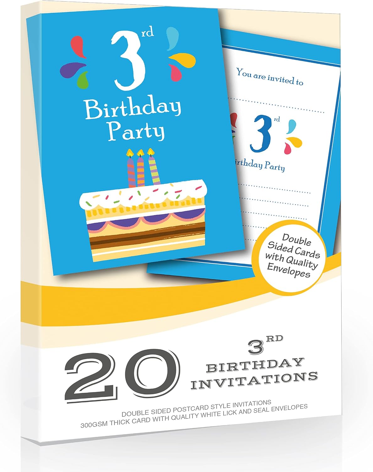 Olivia Samuel 20 x 3rd Birthday Party Invitations from 3 Candle Blue Cake Design - A6 Postcard Size with envelopes