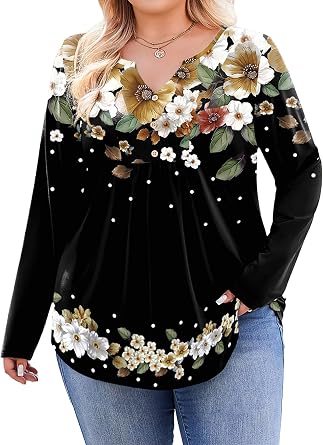 INVOLAND Womens Long Sleeve Shirts Plus Size V-neck Tunics Tops Button Up Dressy Blouse Casual Fall Shirts