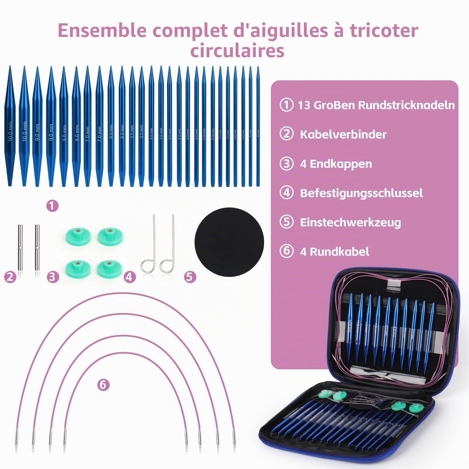 Coopay 13 Paires Aiguilles Circulaires Tricot Interchangeable de 3,0-10,0mm, Aiguille à Tricoter en Aluminium, Kit Tricot Debutant, Aiguille Circulaire Tricot pour Layette, Pull, Écharpe - Bleu