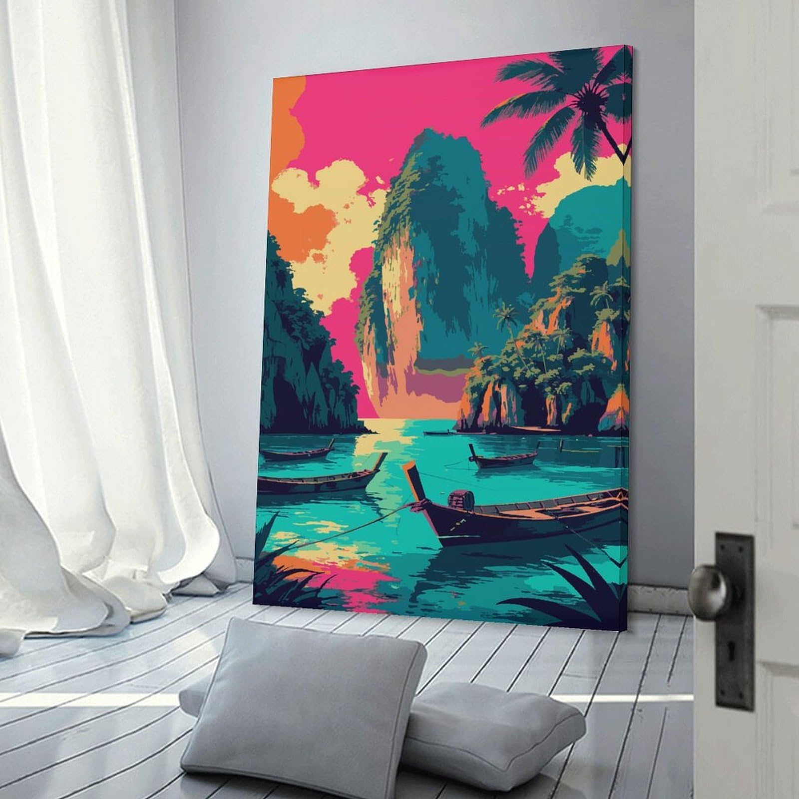 Junmoney Tropical Island Boats Landscape Art Canvas Wall Decor 12x18inch(30x45cm), for Home Lounge, Bedroom Or Reading Nook, A Home Accent with Warm Character
