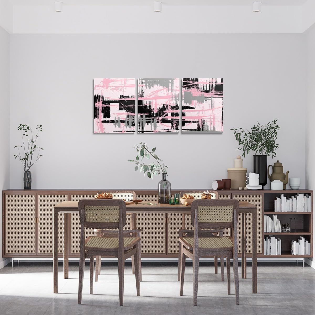 Feelyou Pink, Black & Grey Framed Canvas Wall Art - Modern Stripes & Office Decor for Living Room