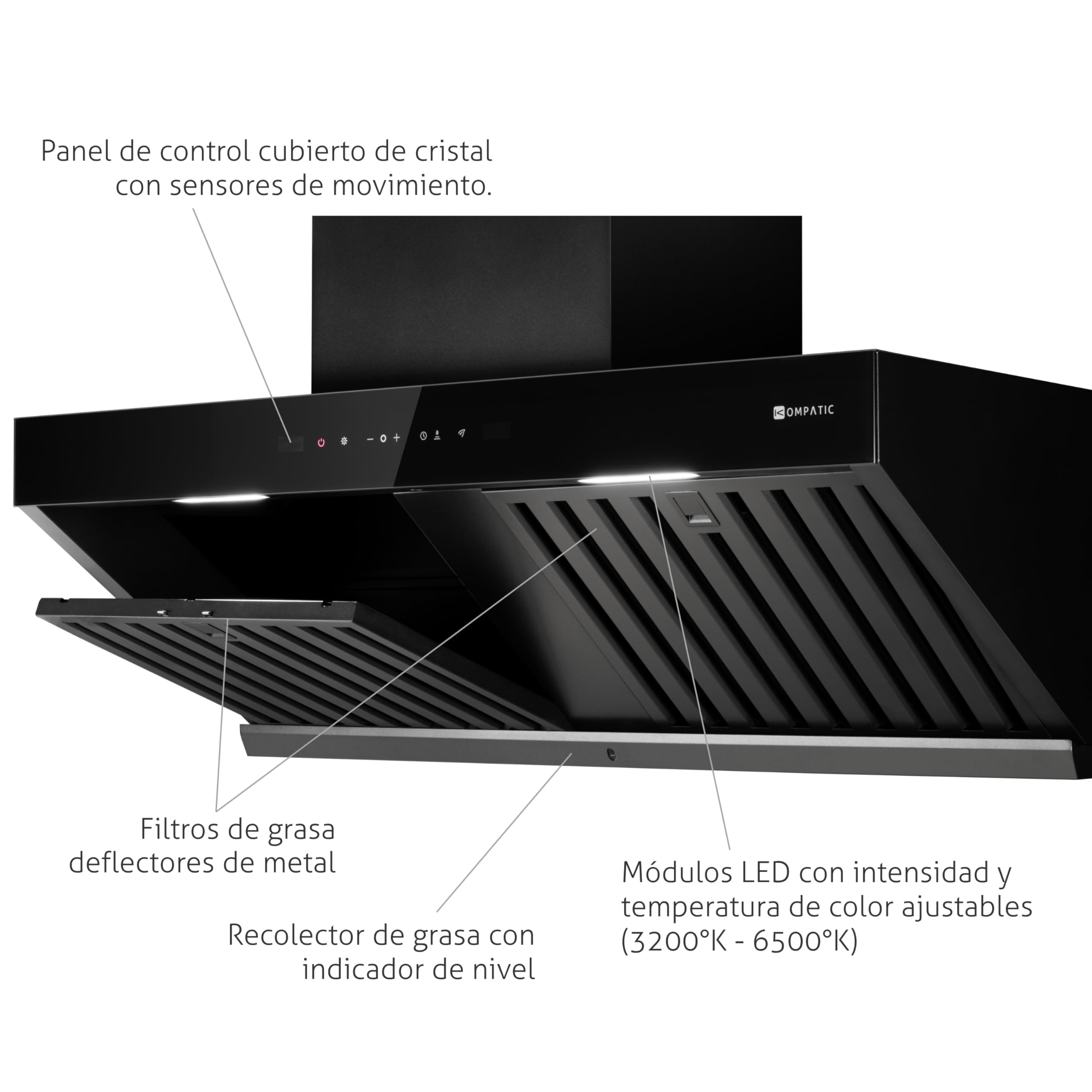 Campana extractora mural Kompatic Kori 90 KPKR90WB, 90 cm, 800 m³/h, clase A+++, control táctil y gestual, mando a distancia, Boost/Super Boost, negro mate.